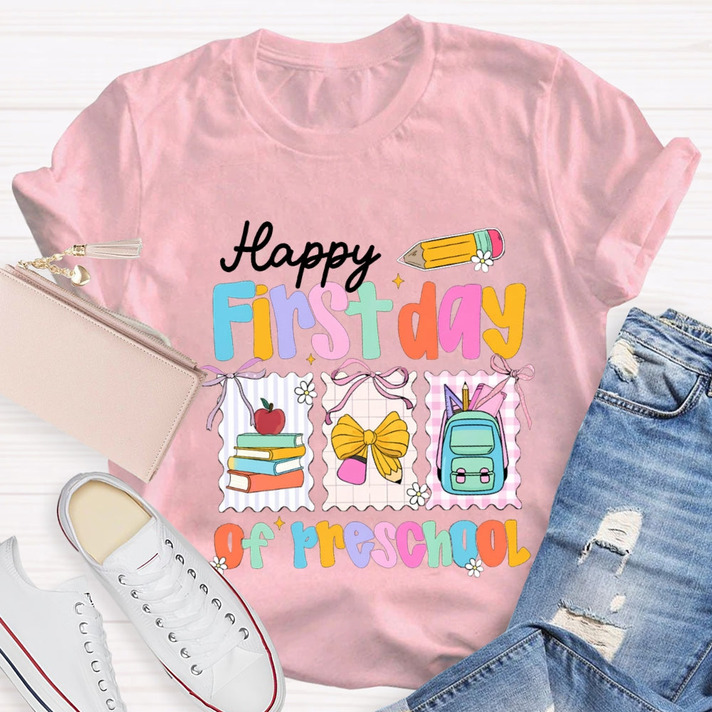 Personalized Grade Happy First Day Of Preschool Yellow Bow T-shirt