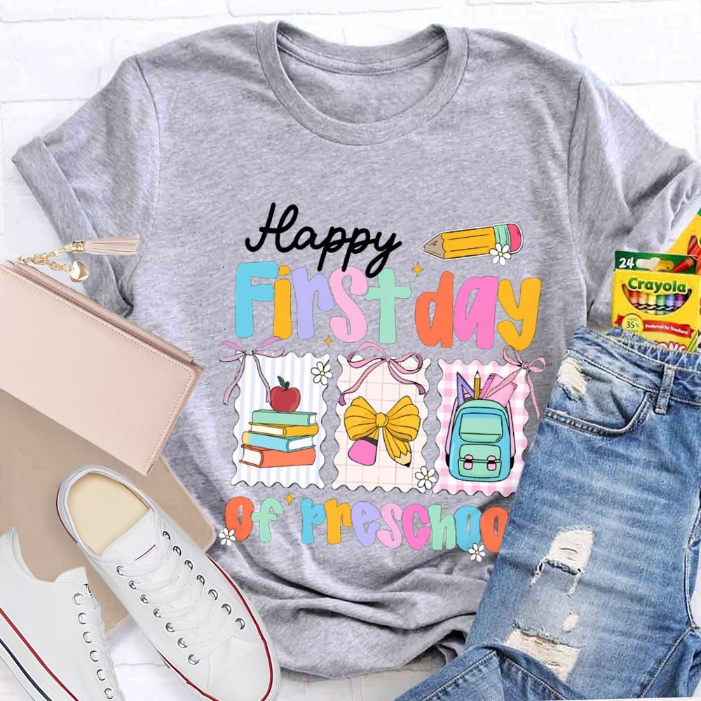 Personalized Grade Happy First Day Of Preschool Yellow Bow T-shirt