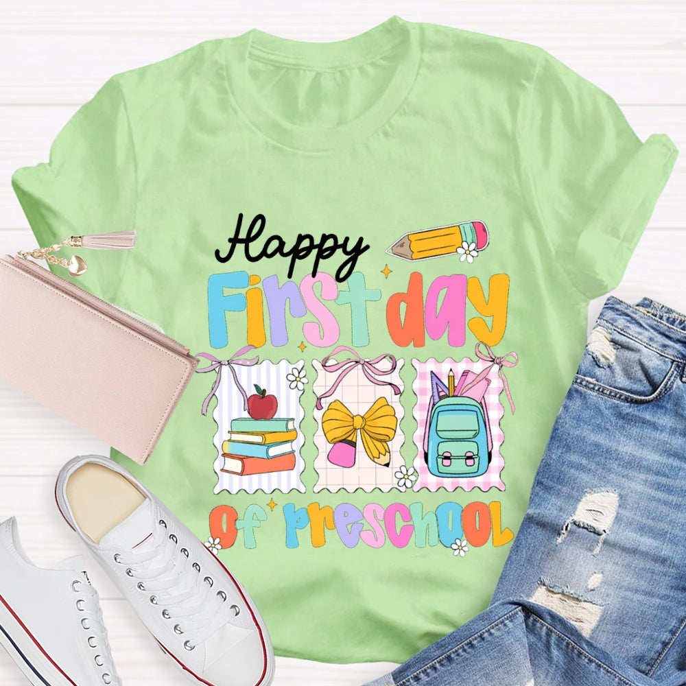 Personalized Grade Happy First Day Of Preschool Yellow Bow T-shirt