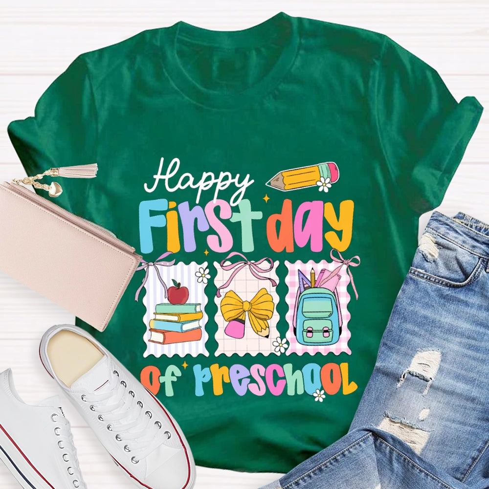 Personalized Grade Happy First Day Of Preschool Yellow Bow T-shirt