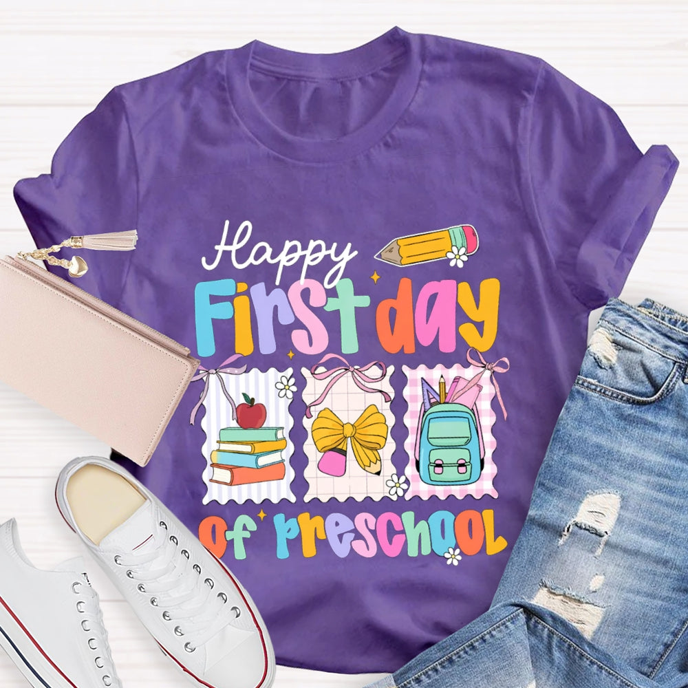 Personalized Grade Happy First Day Of Preschool Yellow Bow T-shirt