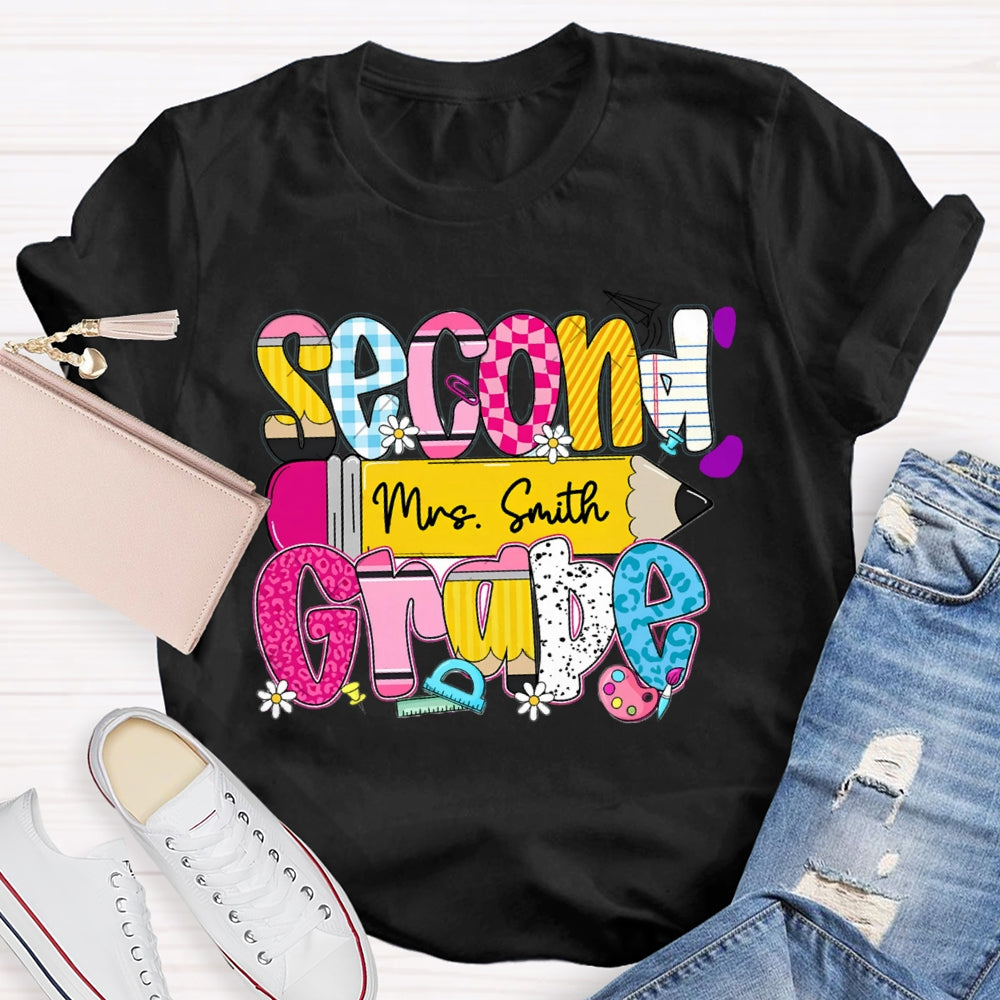 Personalized Name And Second Grade Yellow Pencil Teacher T-shirt