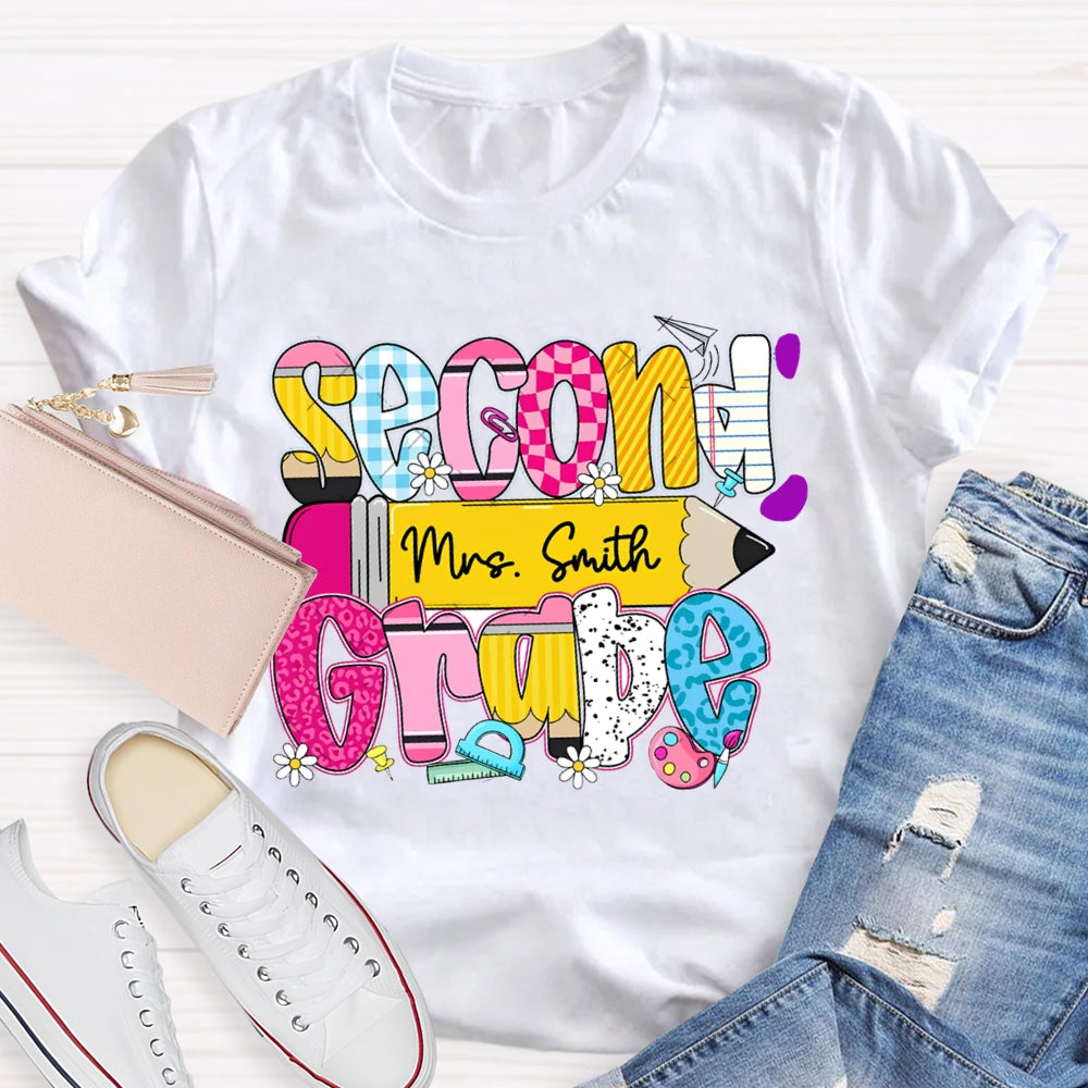 Personalized Name And Second Grade Yellow Pencil Teacher T-shirt
