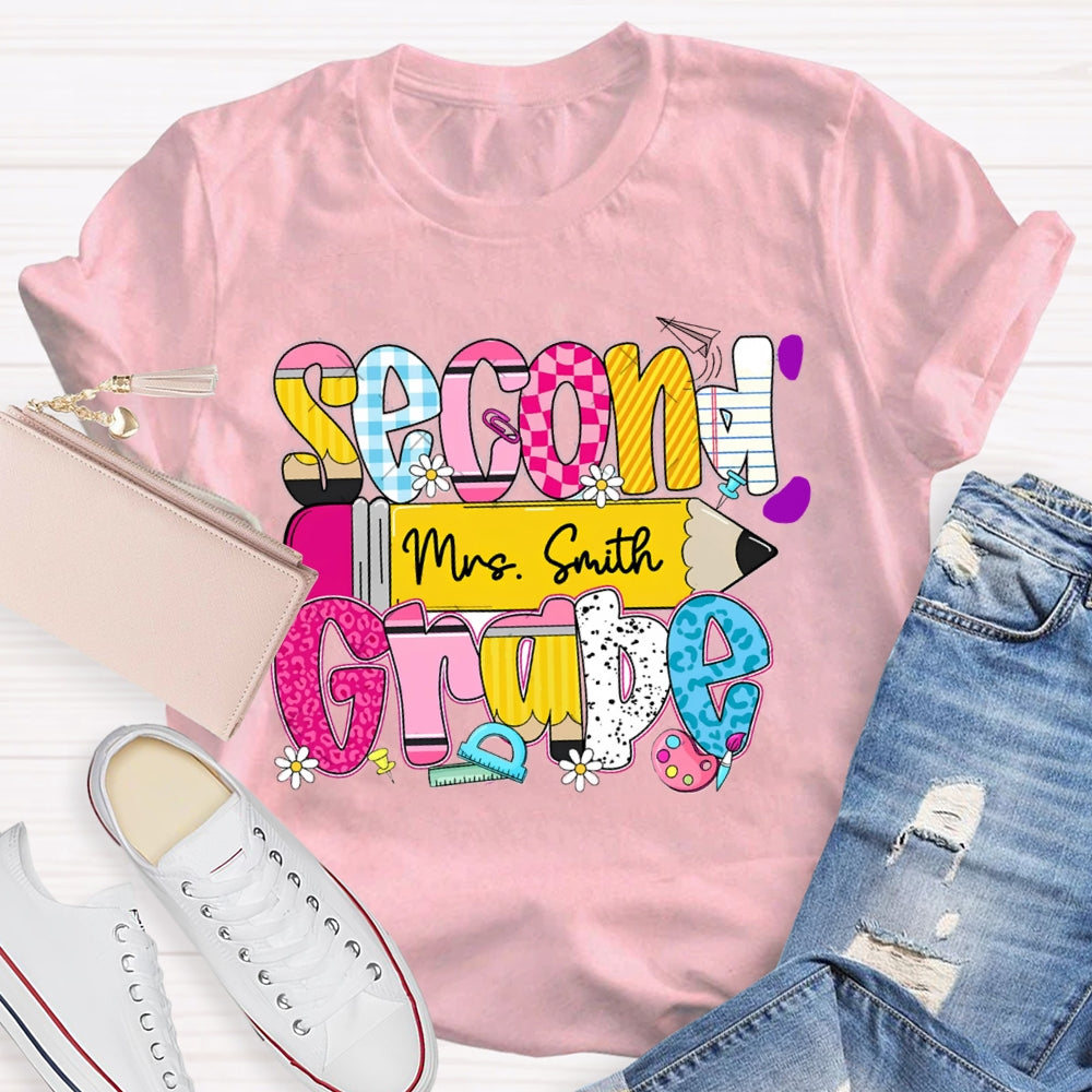Personalized Name And Second Grade Yellow Pencil Teacher T-shirt