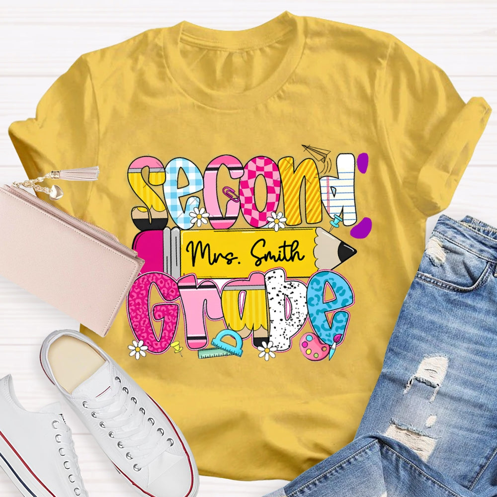 Personalized Name And Second Grade Yellow Pencil Teacher T-shirt