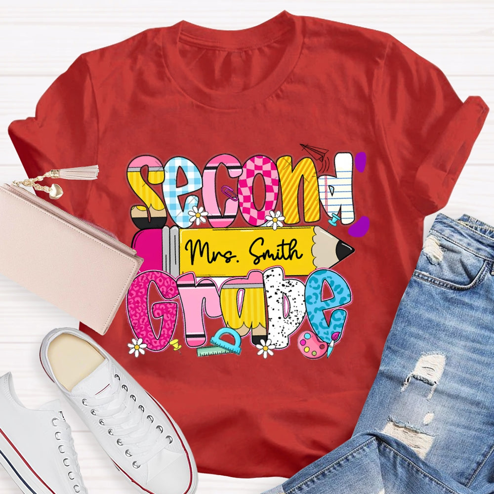 Personalized Name And Second Grade Yellow Pencil Teacher T-shirt
