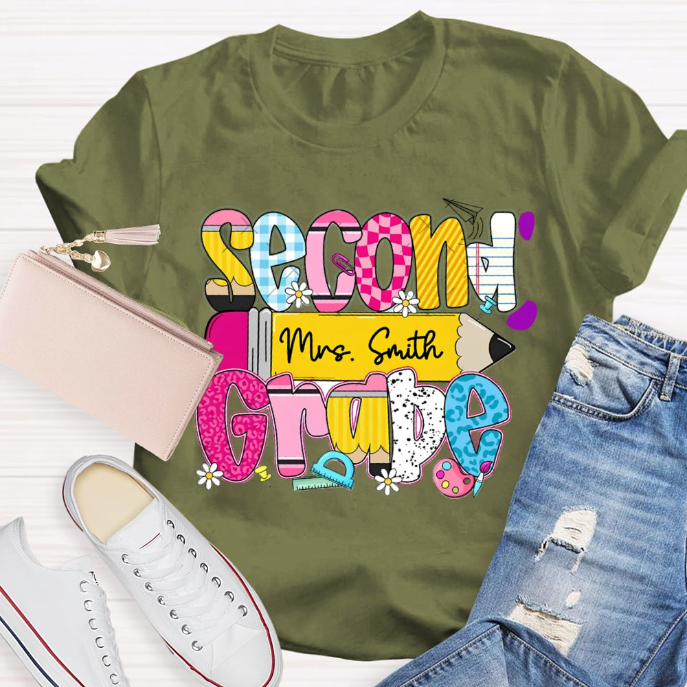 Personalized Name And Second Grade Yellow Pencil Teacher T-shirt