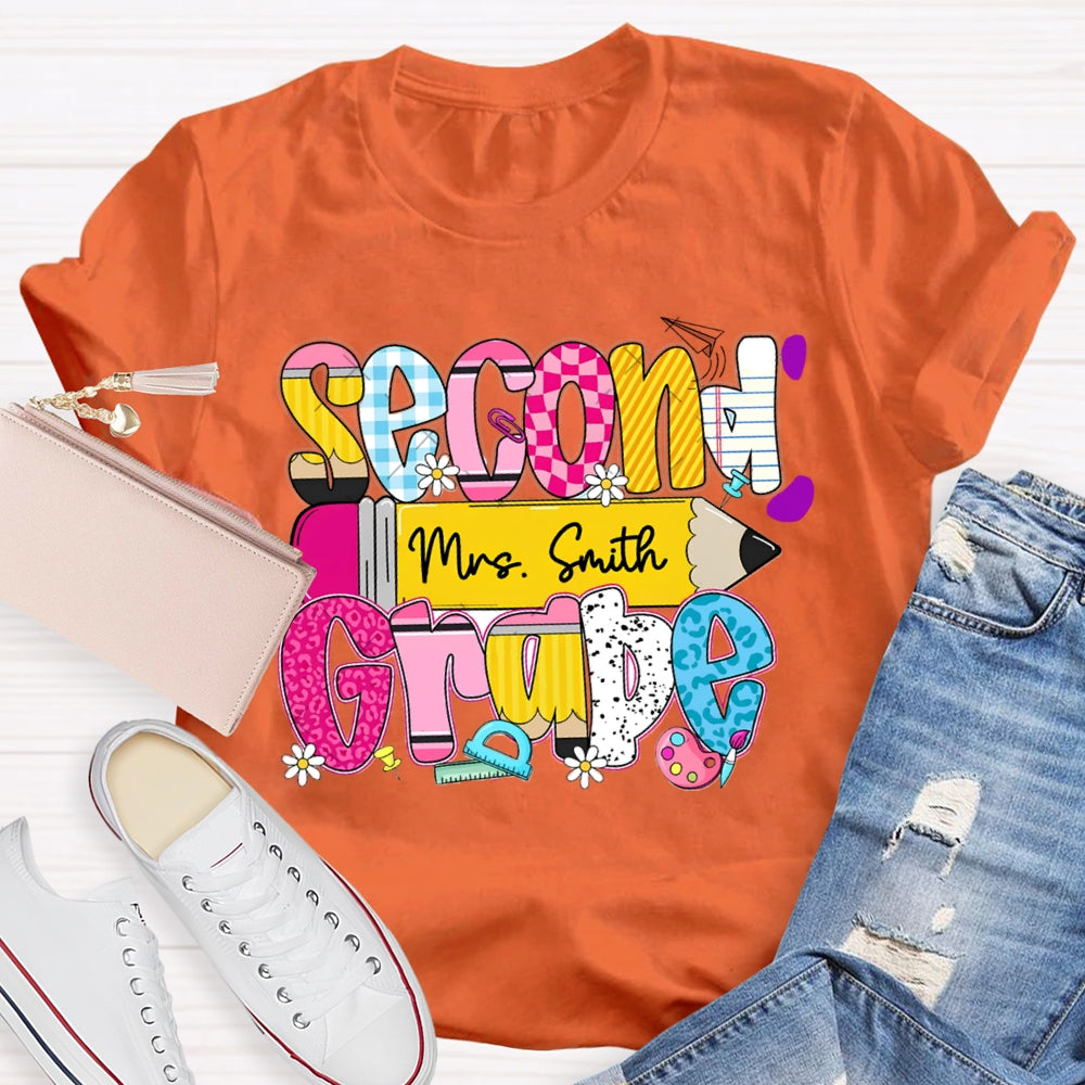 Personalized Name And Second Grade Yellow Pencil Teacher T-shirt