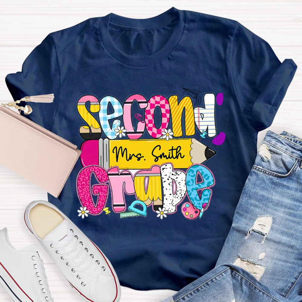 Personalized Name And Second Grade Yellow Pencil Teacher T-shirt