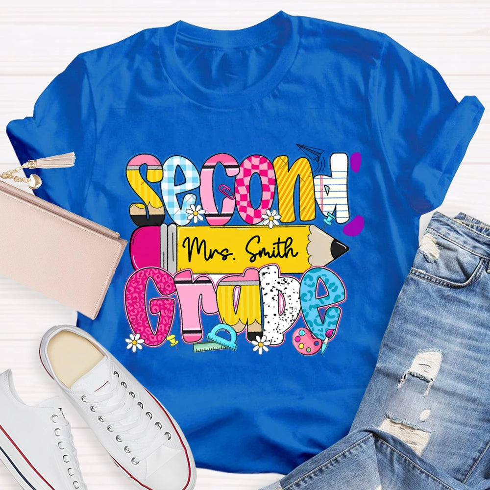 Personalized Name And Second Grade Yellow Pencil Teacher T-shirt