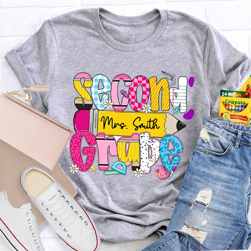 Personalized Name And Second Grade Yellow Pencil Teacher T-shirt