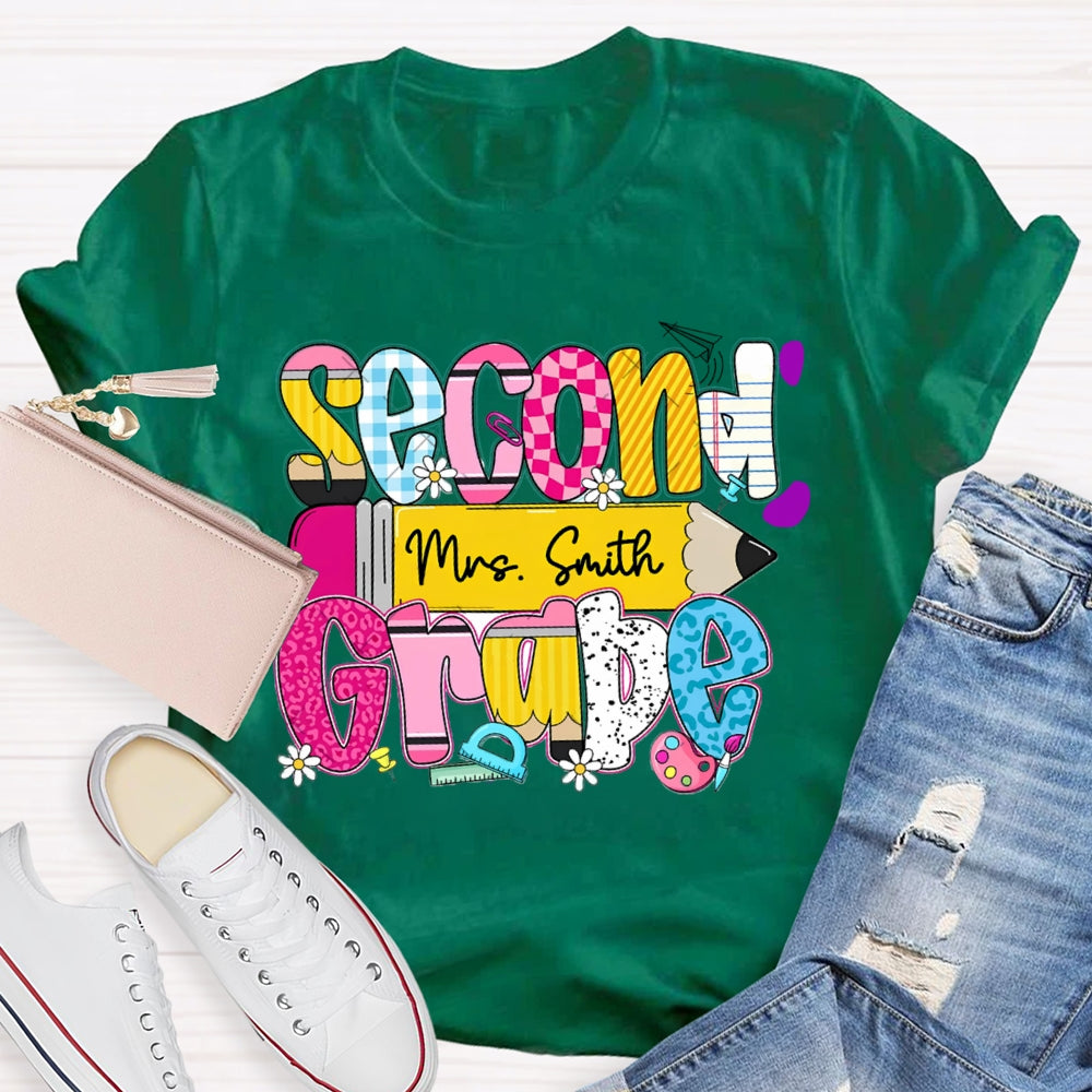 Personalized Name And Second Grade Yellow Pencil Teacher T-shirt