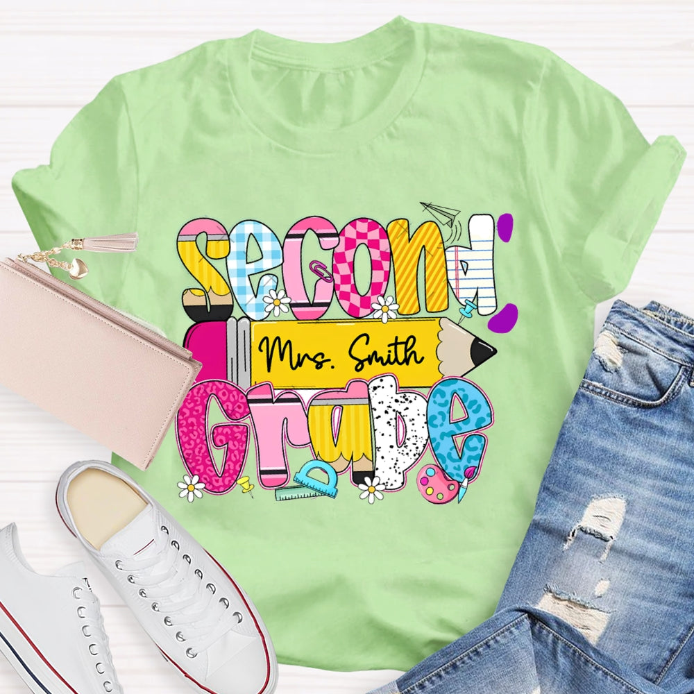Personalized Name And Second Grade Yellow Pencil Teacher T-shirt