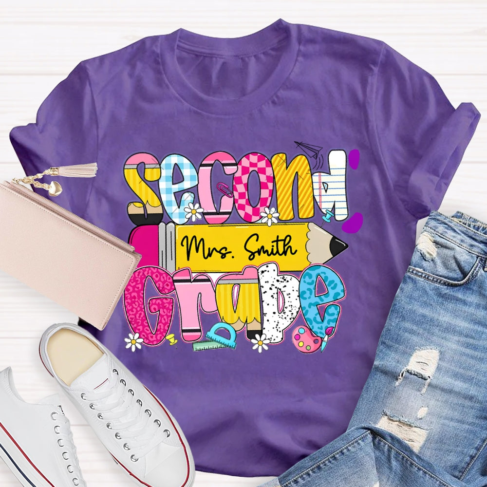 Personalized Name And Second Grade Yellow Pencil Teacher T-shirt