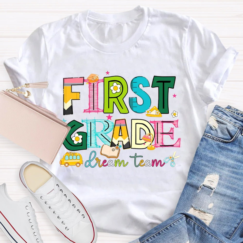Personalized Grade First Grade Dream Team Colorful Tie-Dye Teacher T-shirt