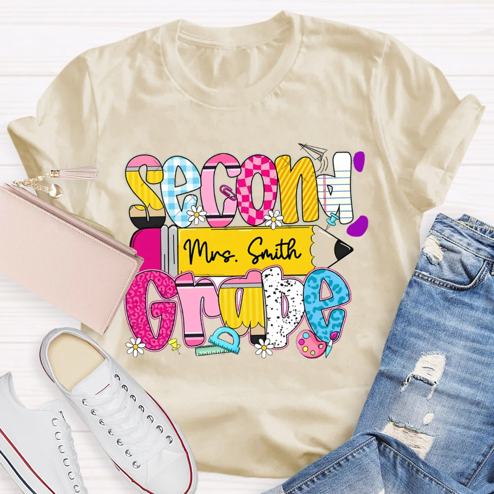 Personalized Name And Second Grade Yellow Pencil Teacher T-shirt
