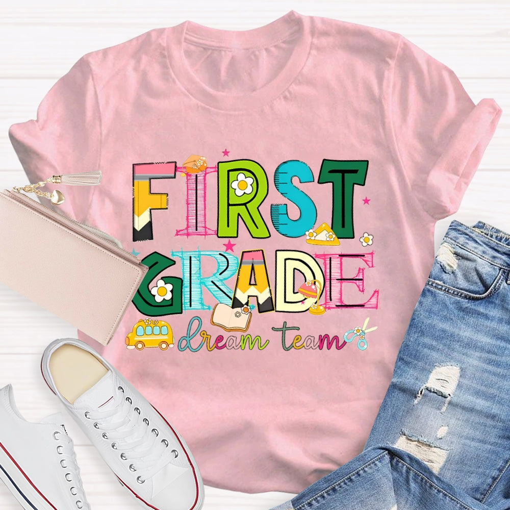Personalized Grade First Grade Dream Team Colorful Tie-Dye Teacher T-shirt