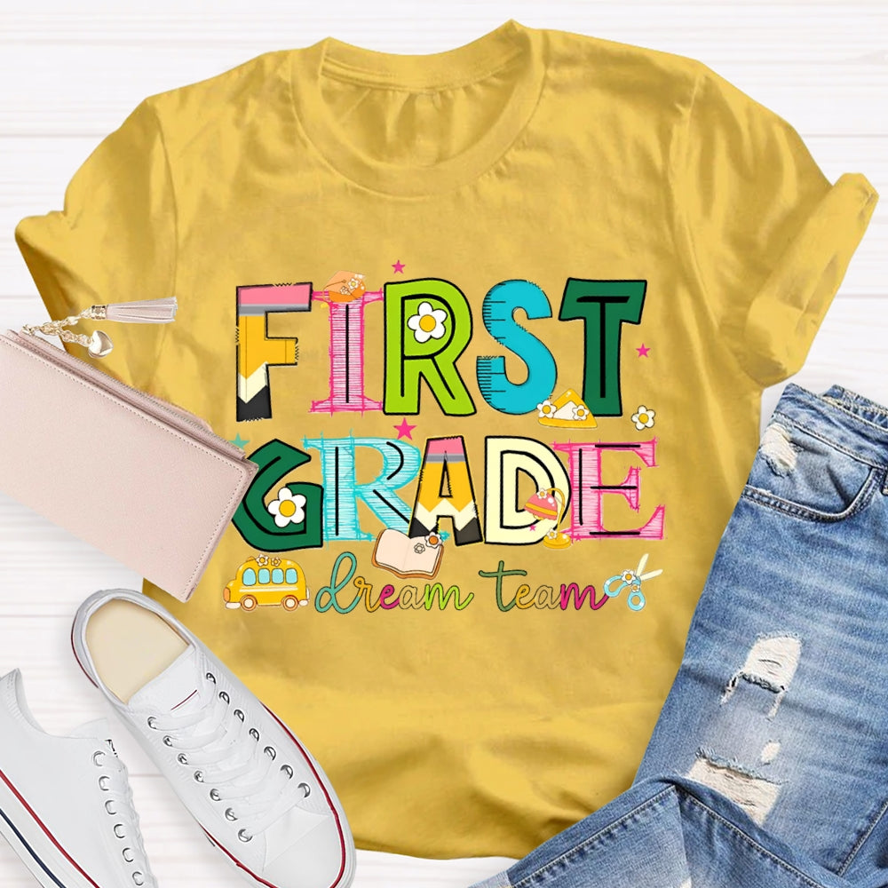 Personalized Grade First Grade Dream Team Colorful Tie-Dye Teacher T-shirt