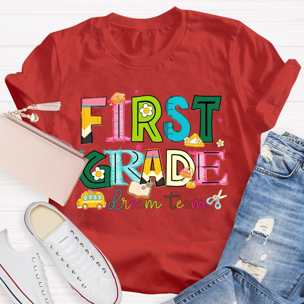 Personalized Grade First Grade Dream Team Colorful Tie-Dye Teacher T-shirt