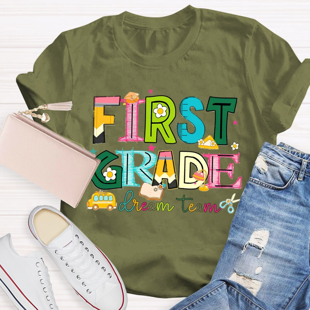 Personalized Grade First Grade Dream Team Colorful Tie-Dye Teacher T-shirt