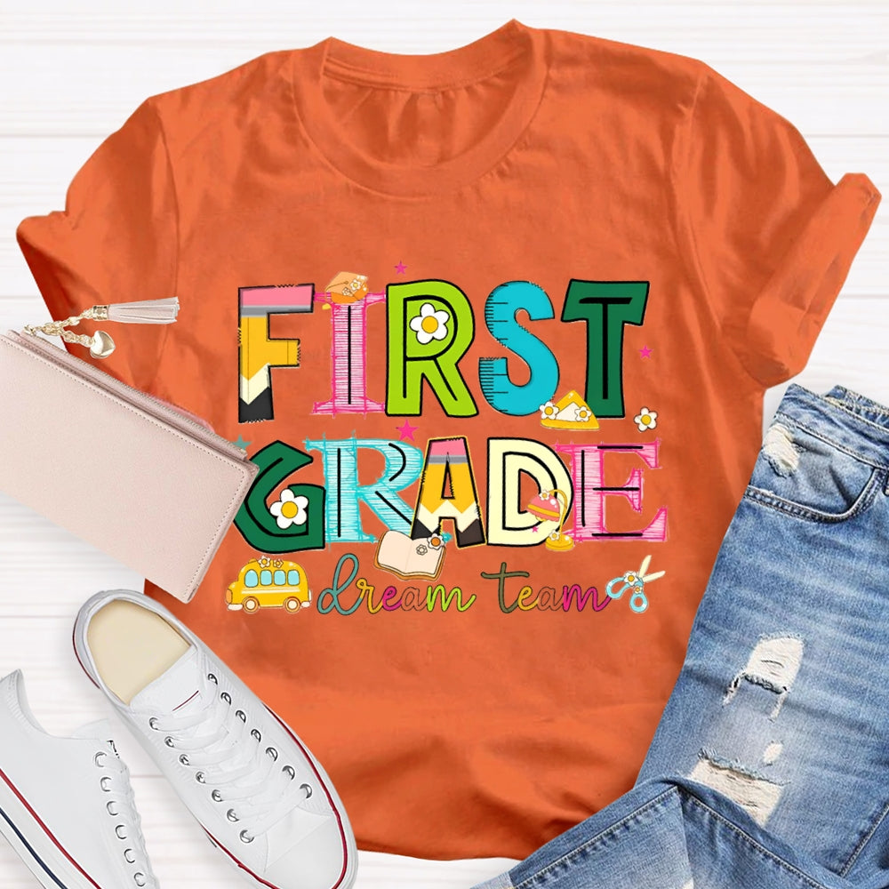 Personalized Grade First Grade Dream Team Colorful Tie-Dye Teacher T-shirt