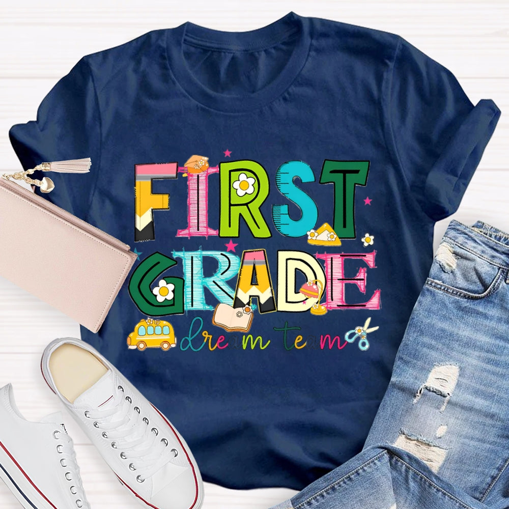 Personalized Grade First Grade Dream Team Colorful Tie-Dye Teacher T-shirt