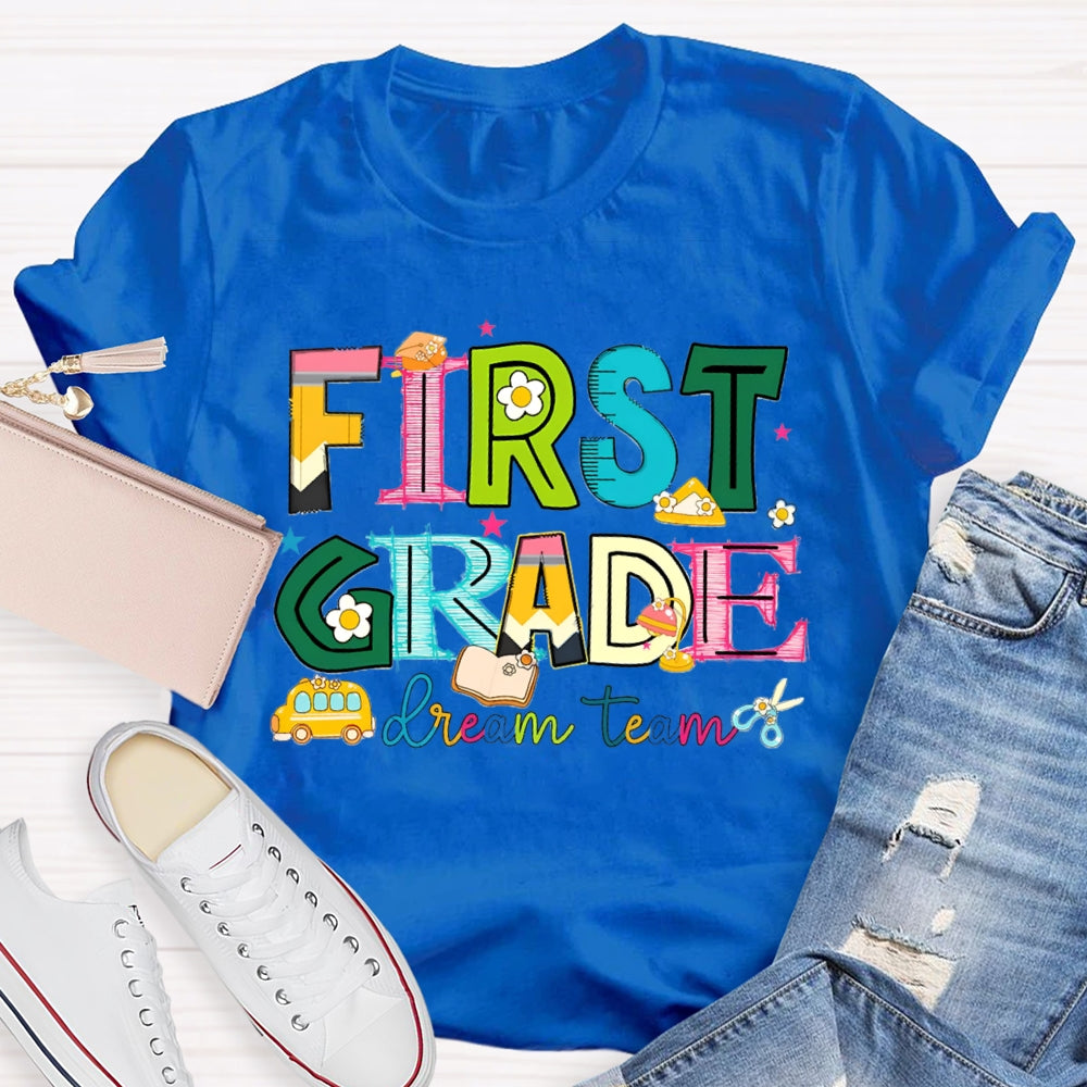 Personalized Grade First Grade Dream Team Colorful Tie-Dye Teacher T-shirt