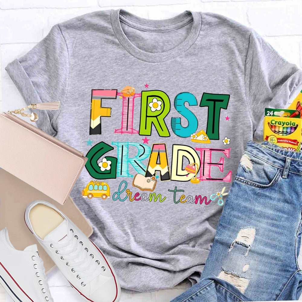 Personalized Grade First Grade Dream Team Colorful Tie-Dye Teacher T-shirt