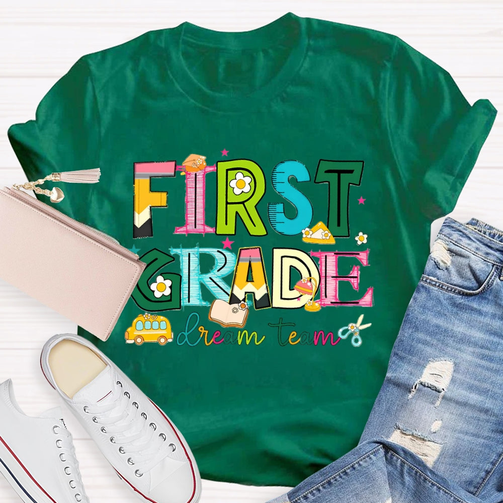 Personalized Grade First Grade Dream Team Colorful Tie-Dye Teacher T-shirt