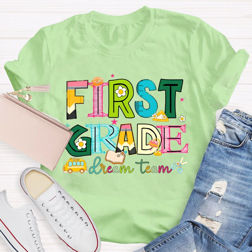 Personalized Grade First Grade Dream Team Colorful Tie-Dye Teacher T-shirt