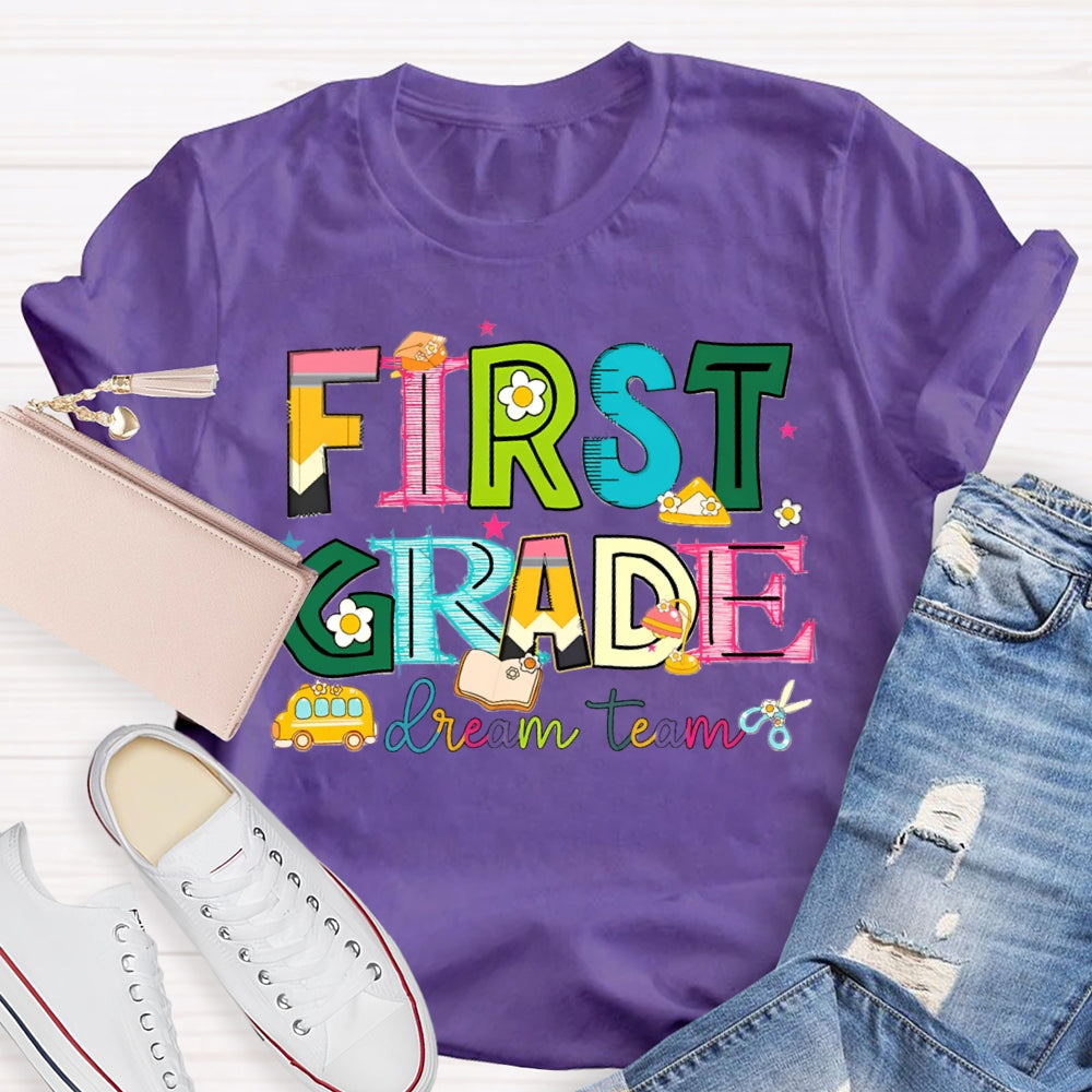 Personalized Grade First Grade Dream Team Colorful Tie-Dye Teacher T-shirt