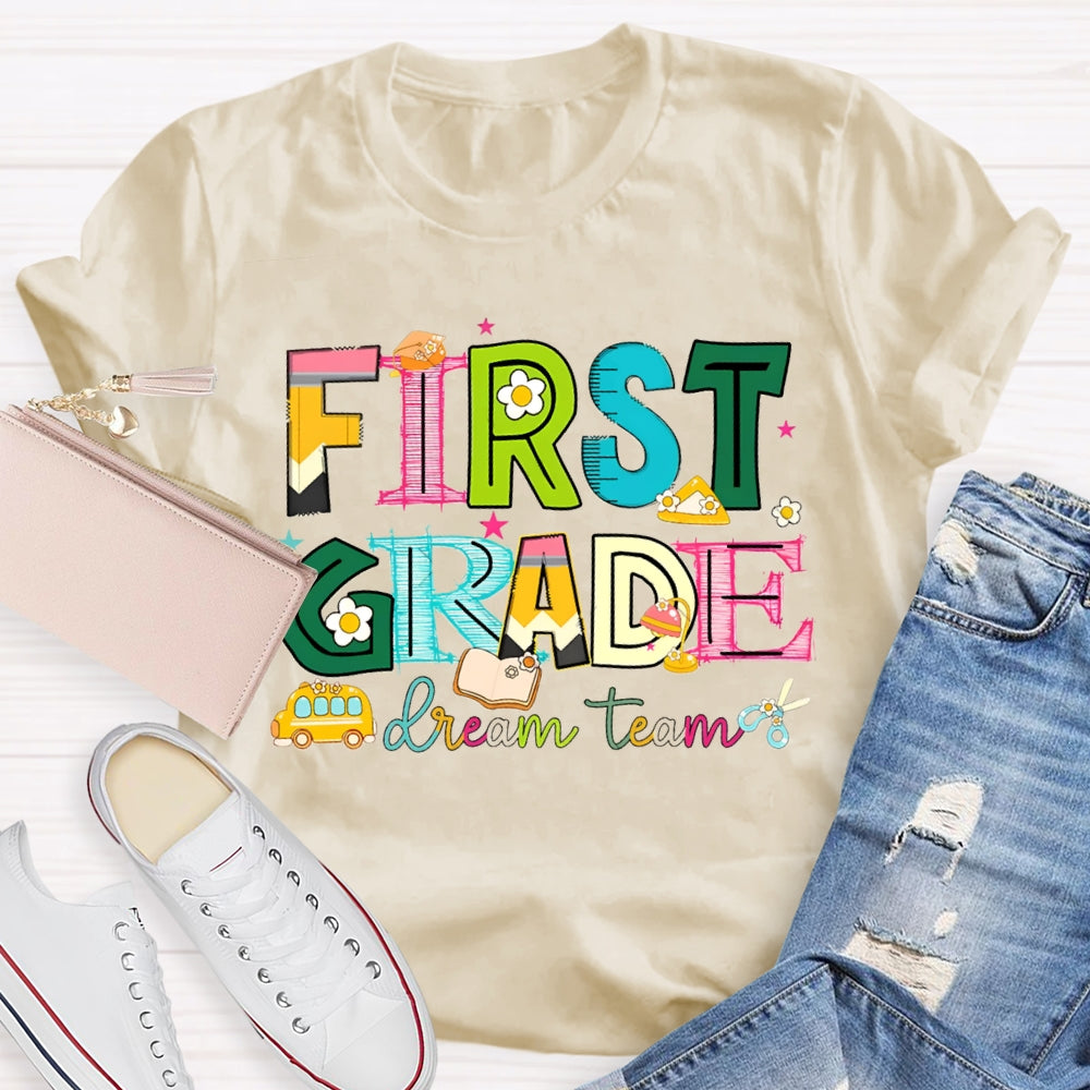 Personalized Grade First Grade Dream Team Colorful Tie-Dye Teacher T-shirt