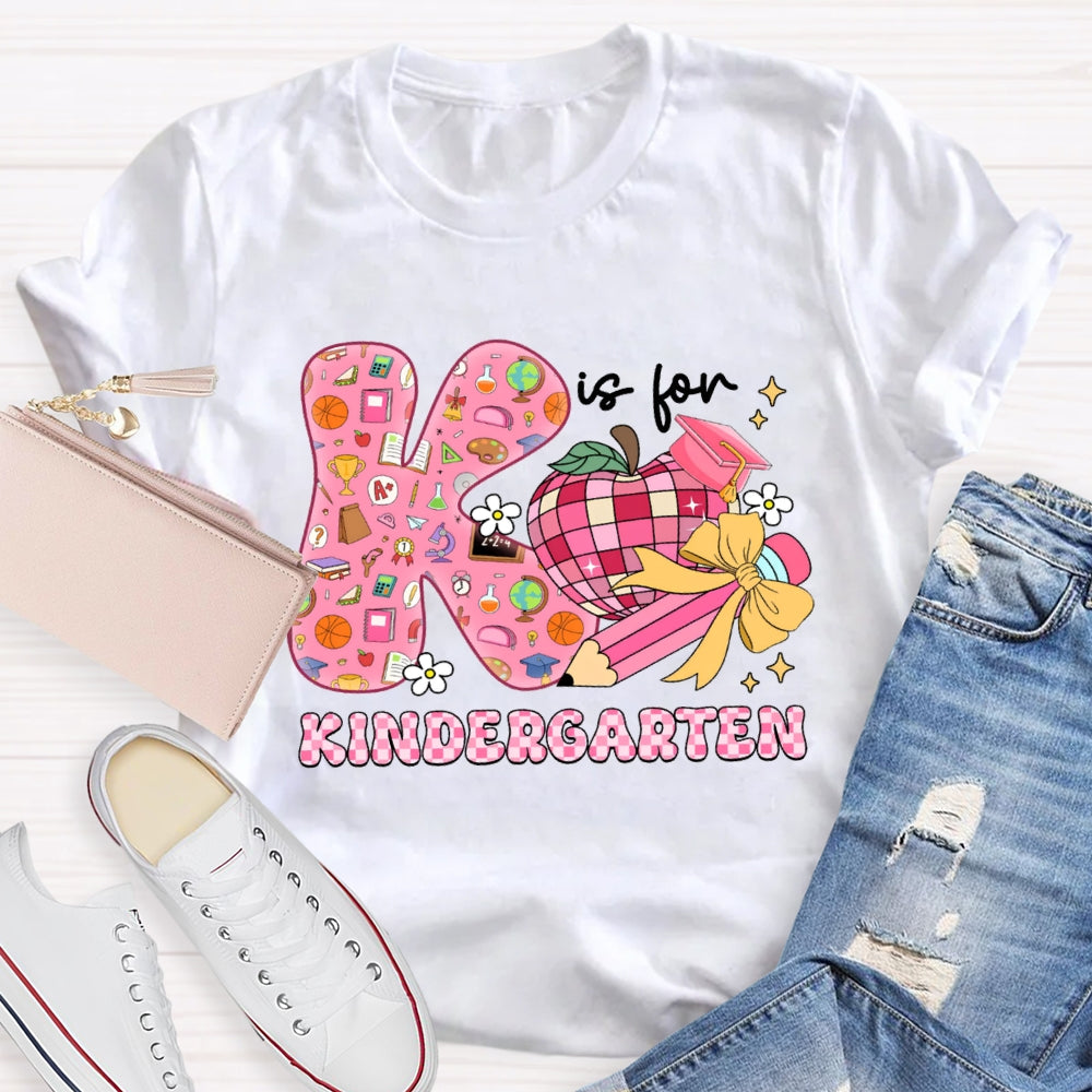 Personalized Grade Kindergarten Pink Bow And Apple Teacher T-shirt