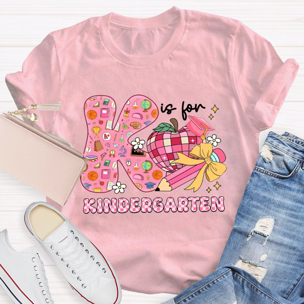 Personalized Grade Kindergarten Pink Bow And Apple Teacher T-shirt