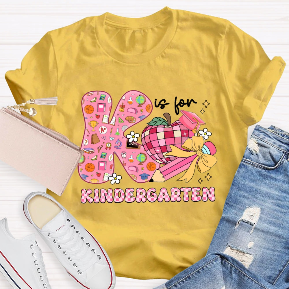 Personalized Grade Kindergarten Pink Bow And Apple Teacher T-shirt