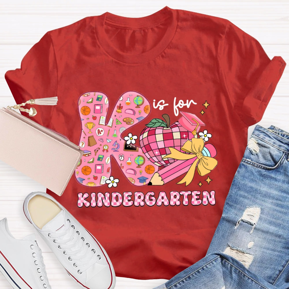 Personalized Grade Kindergarten Pink Bow And Apple Teacher T-shirt