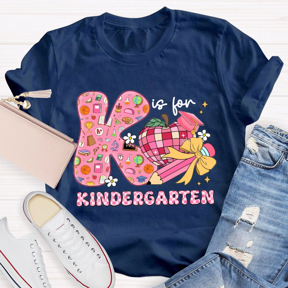 Personalized Grade Kindergarten Pink Bow And Apple Teacher T-shirt