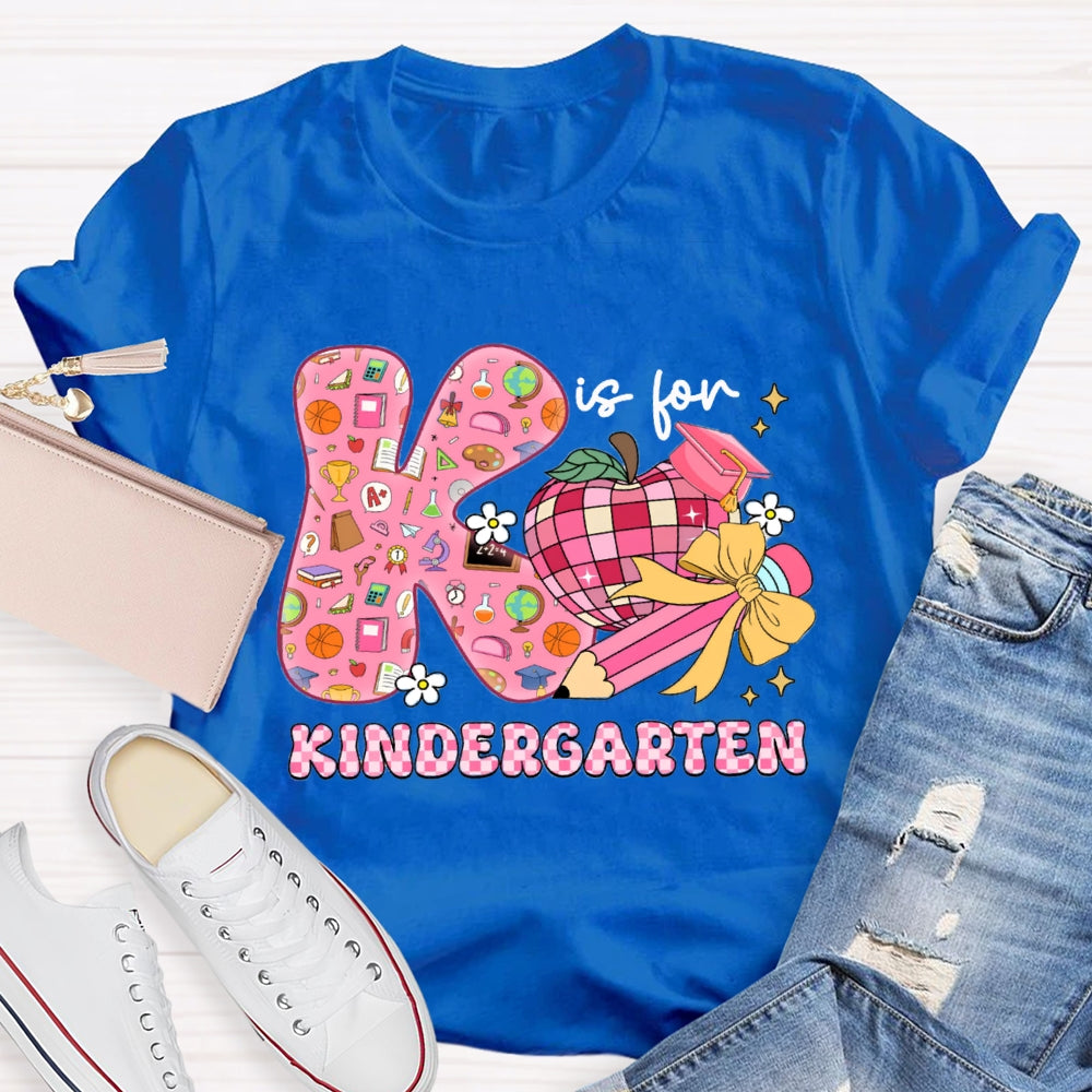 Personalized Grade Kindergarten Pink Bow And Apple Teacher T-shirt