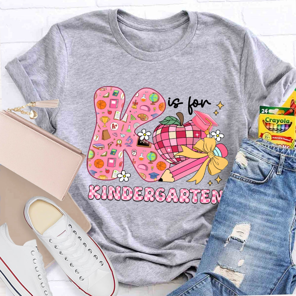 Personalized Grade Kindergarten Pink Bow And Apple Teacher T-shirt