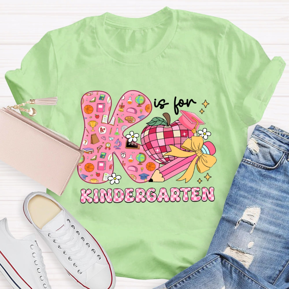 Personalized Grade Kindergarten Pink Bow And Apple Teacher T-shirt