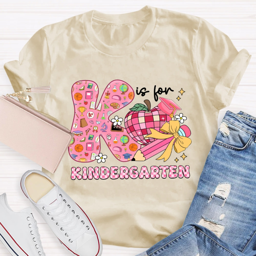 Personalized Grade Kindergarten Pink Bow And Apple Teacher T-shirt