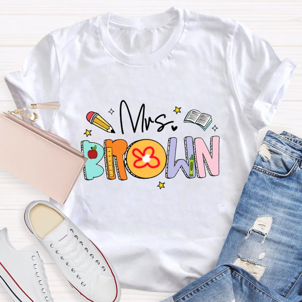 Personalized Name Mrs Brown Colorful Letter Book T-shirt