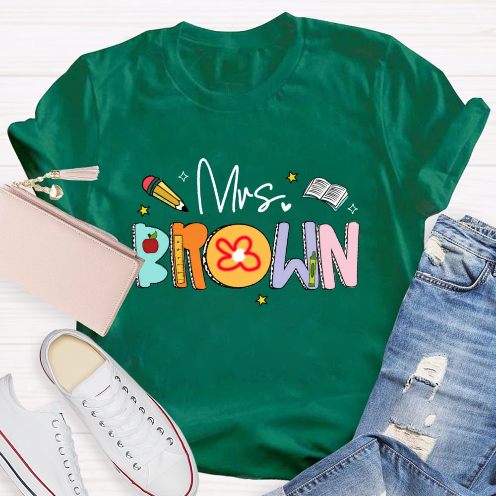 Personalized Name Mrs Brown Colorful Letter Book T-shirt