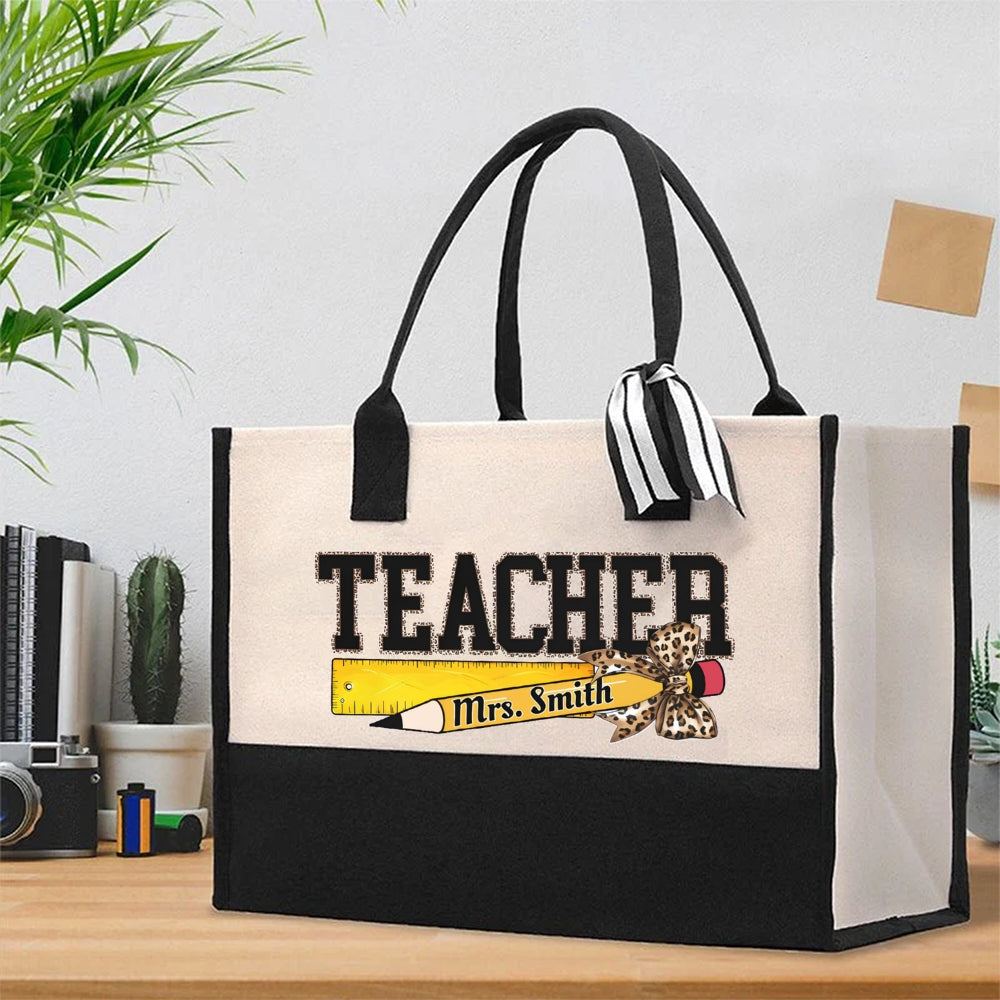 Personalized Name Leopard Teacher Pencil Cotton Tote Bag