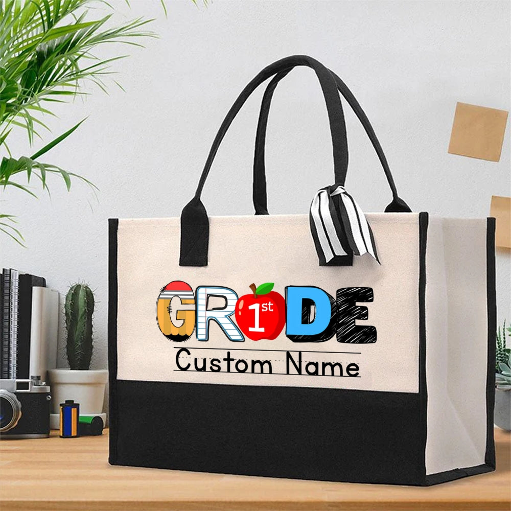 Personalized Name And Grade Red Apple Cotton Tote Bag
