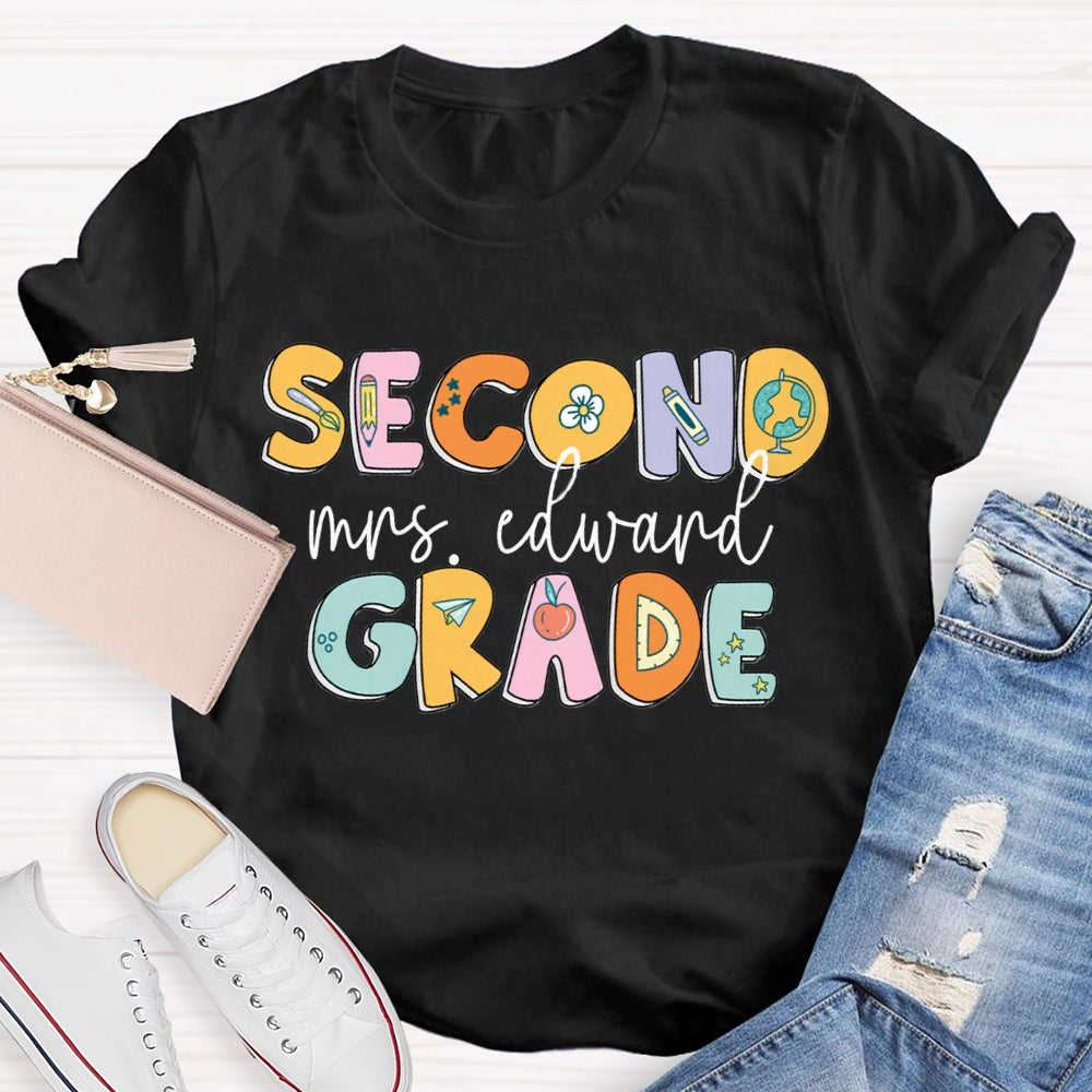 Personalized Name And Grade Second Grade Pencil And Flower T-shirt