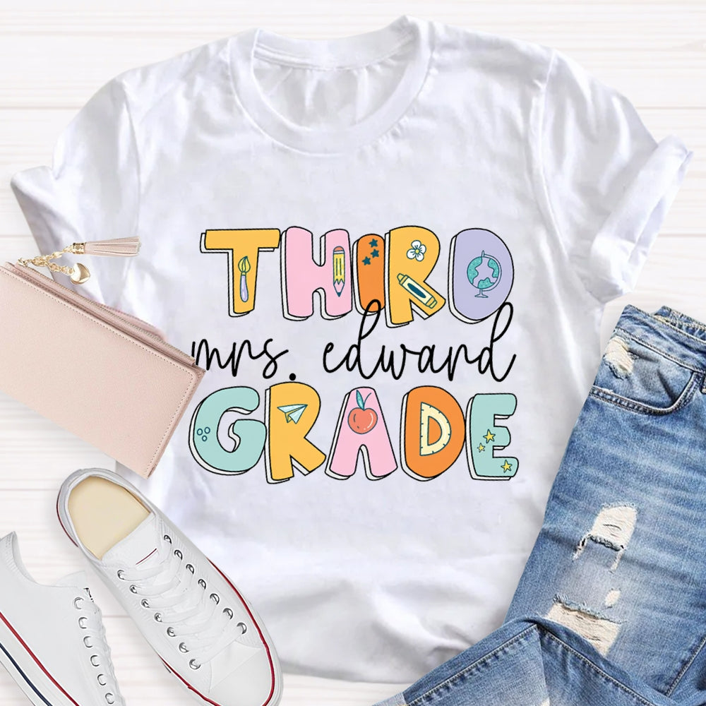 Personalized Name And Grade Second Grade Pencil And Flower T-shirt