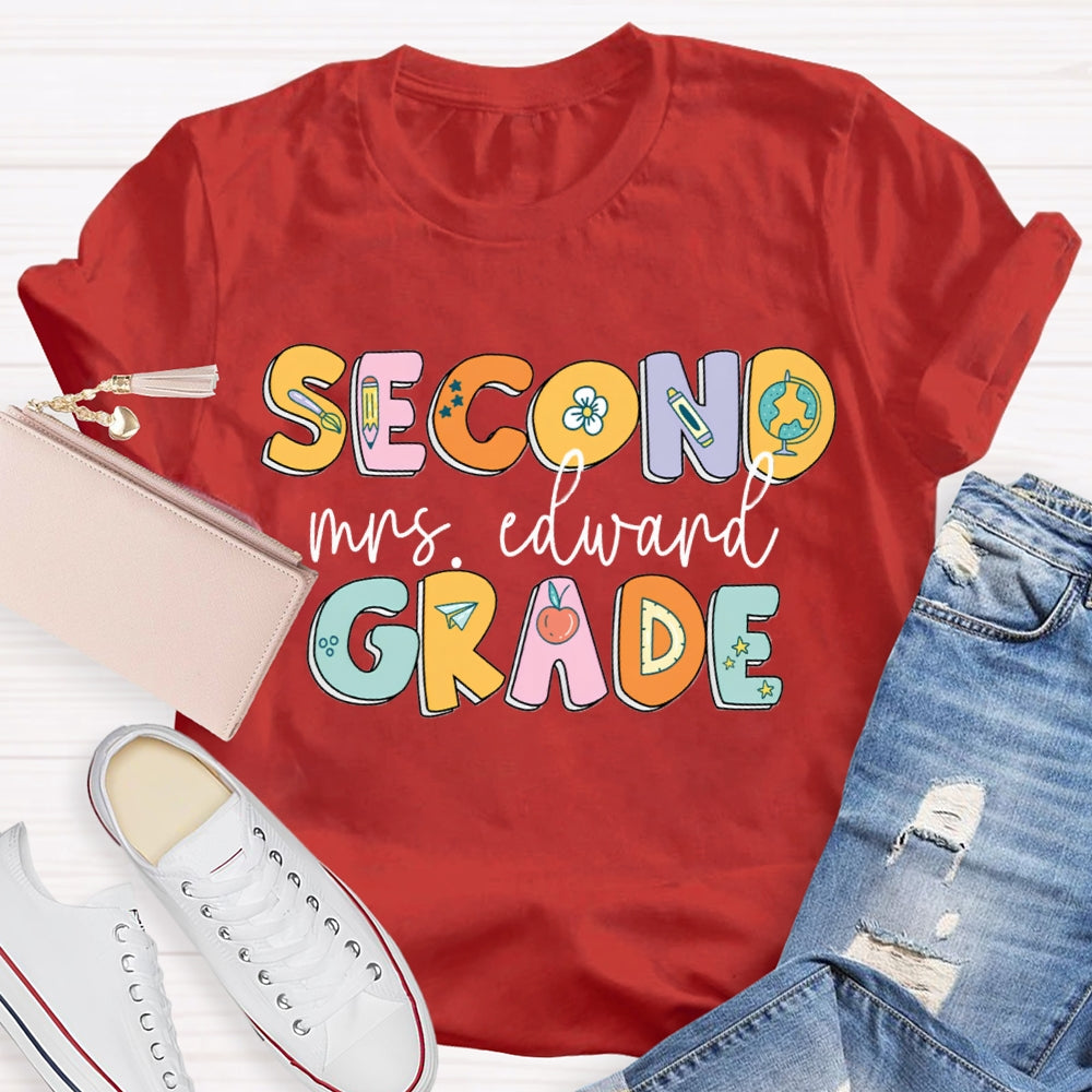 Personalized Name And Grade Second Grade Pencil And Flower T-shirt