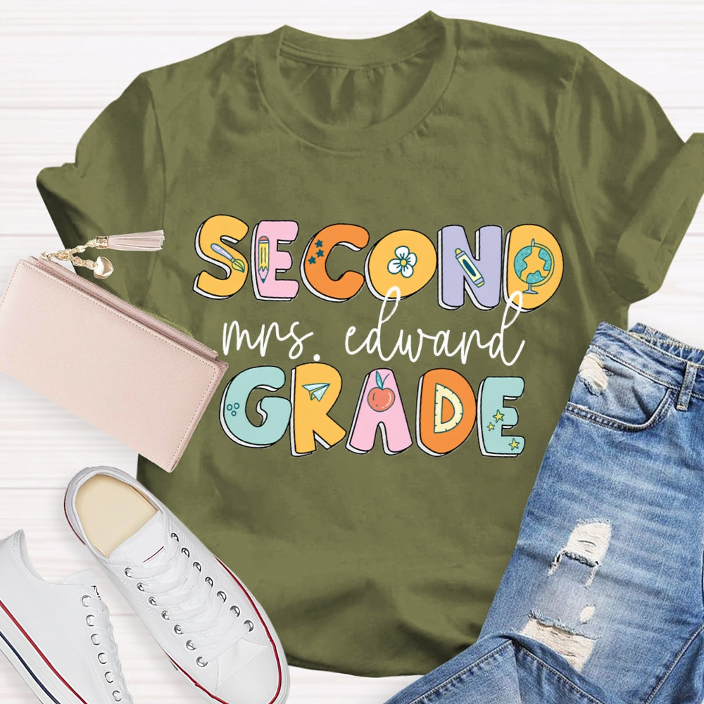 Personalized Name And Grade Second Grade Pencil And Flower T-shirt