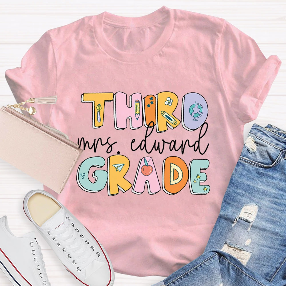 Personalized Name And Grade Second Grade Pencil And Flower T-shirt